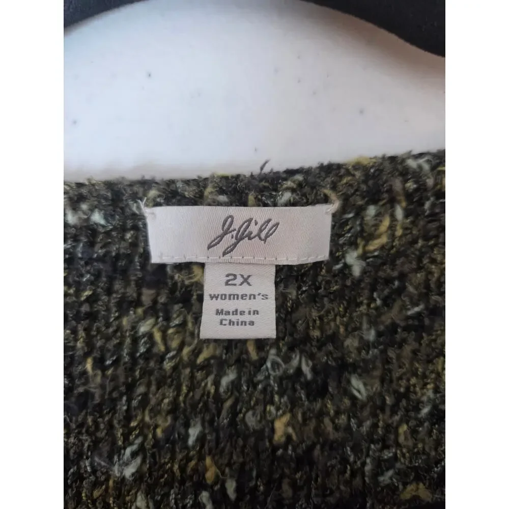 J. Jill Women's 2X Green Tan Speckled Cotton Loose Stitch Long Sleeve Sweater